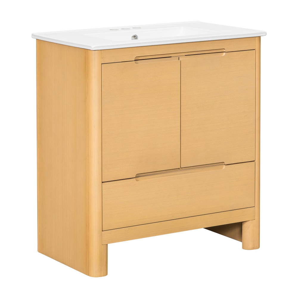 30″ Softened Modern Bathroom Vanity with Ceramic Sink, Natural Wood Grain