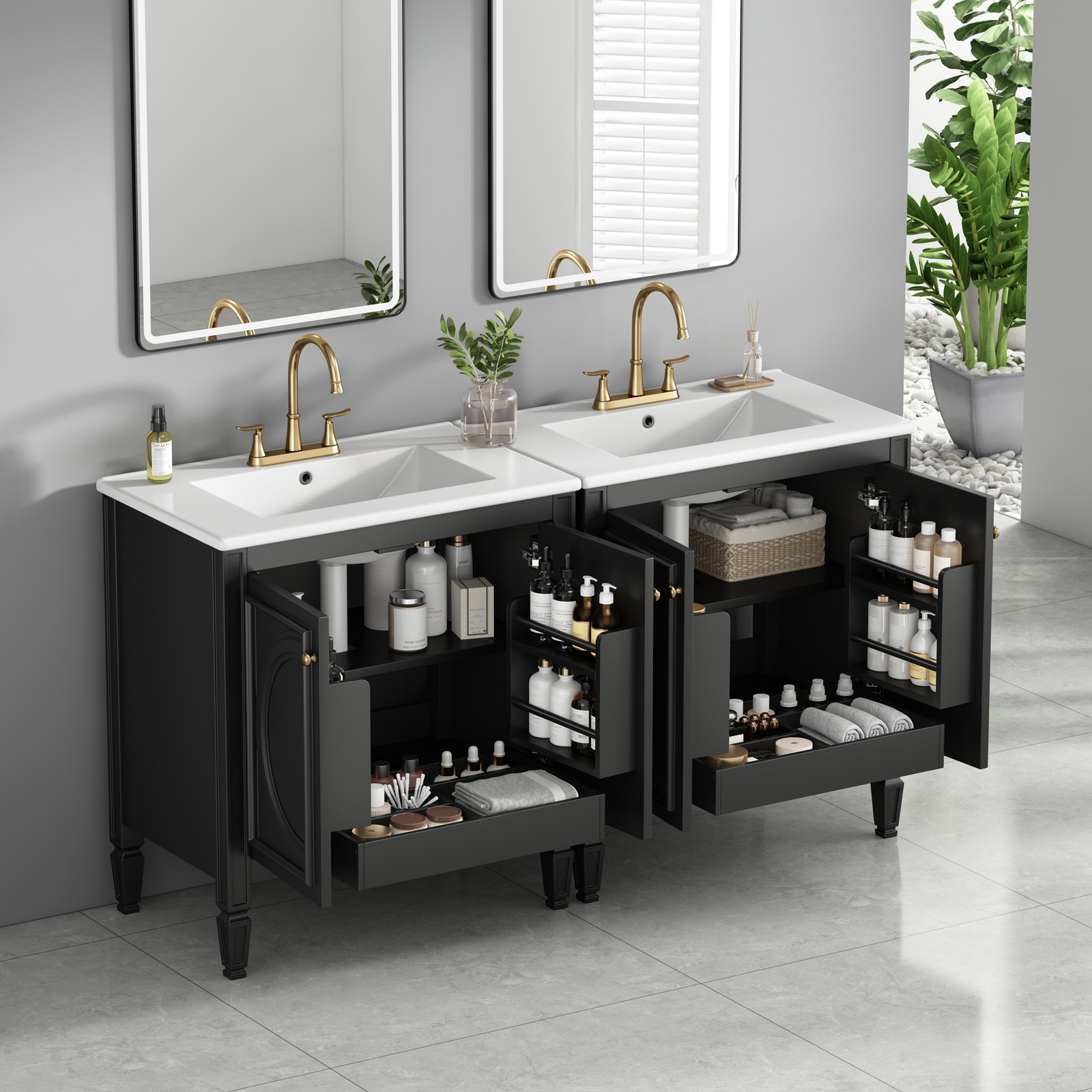 60″ Bathroom Vanity with Double Sink, Ceramic Sink, Soft Close Doors, Black