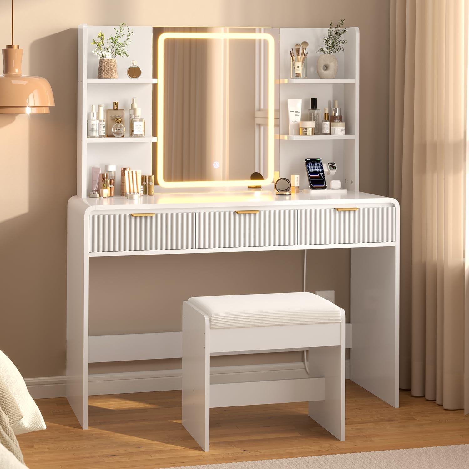 Fluted Vanity Desk with Mirror & Lights, Stool, Power Outlet White
