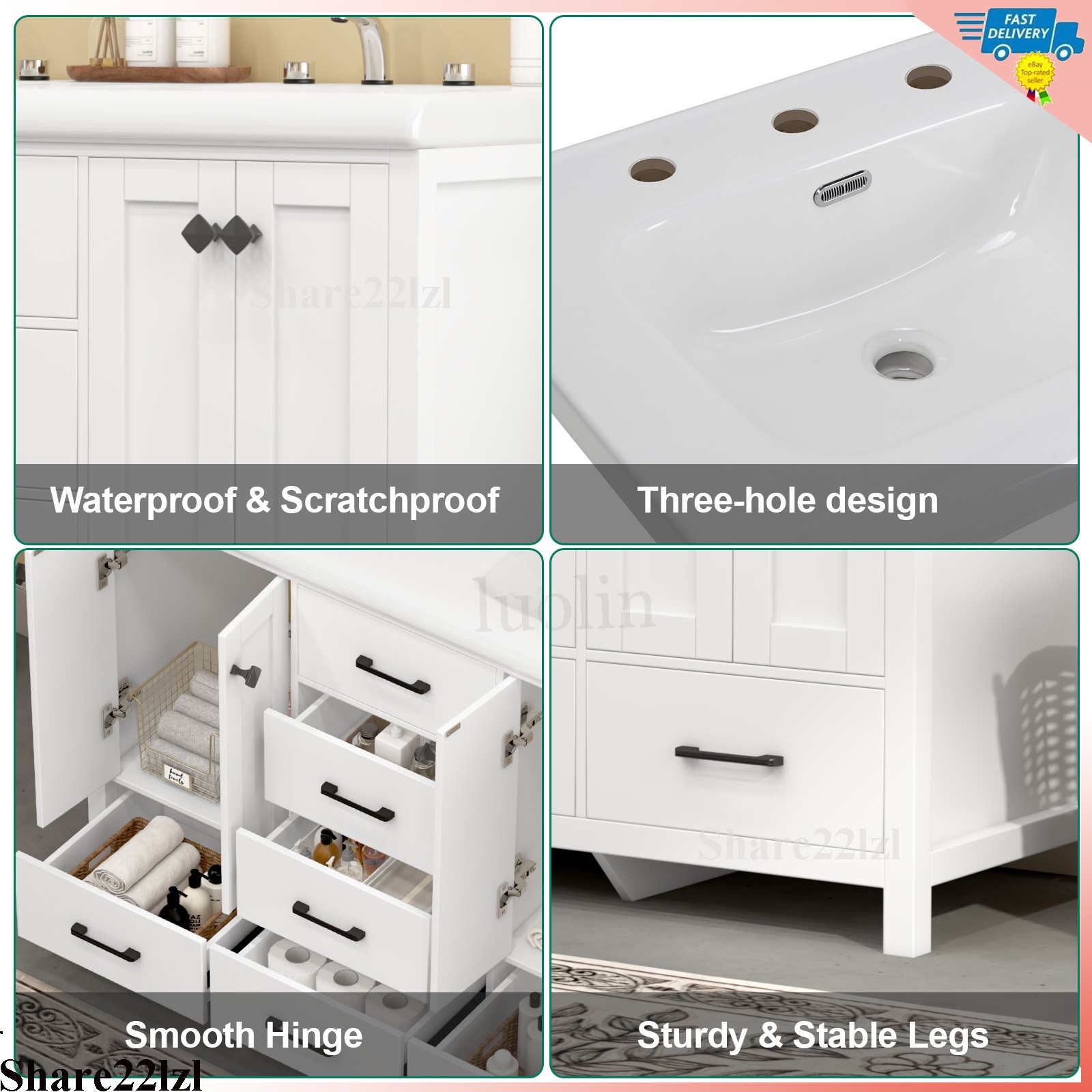 47″ Bathroom Vanity Storage Cabinet with Double Ceramic Sink White Freestanding