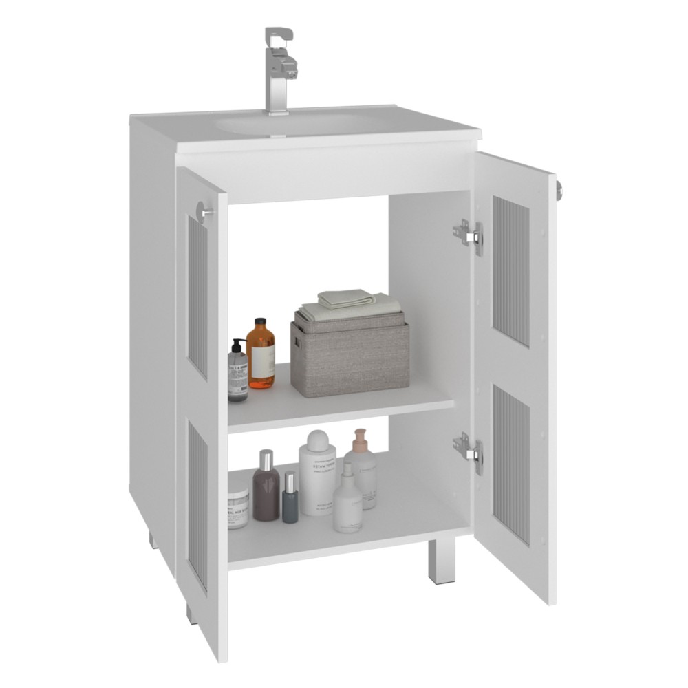 35″ White Bathroom Vanity w/ Resin Sink & Frosted Glass Doors