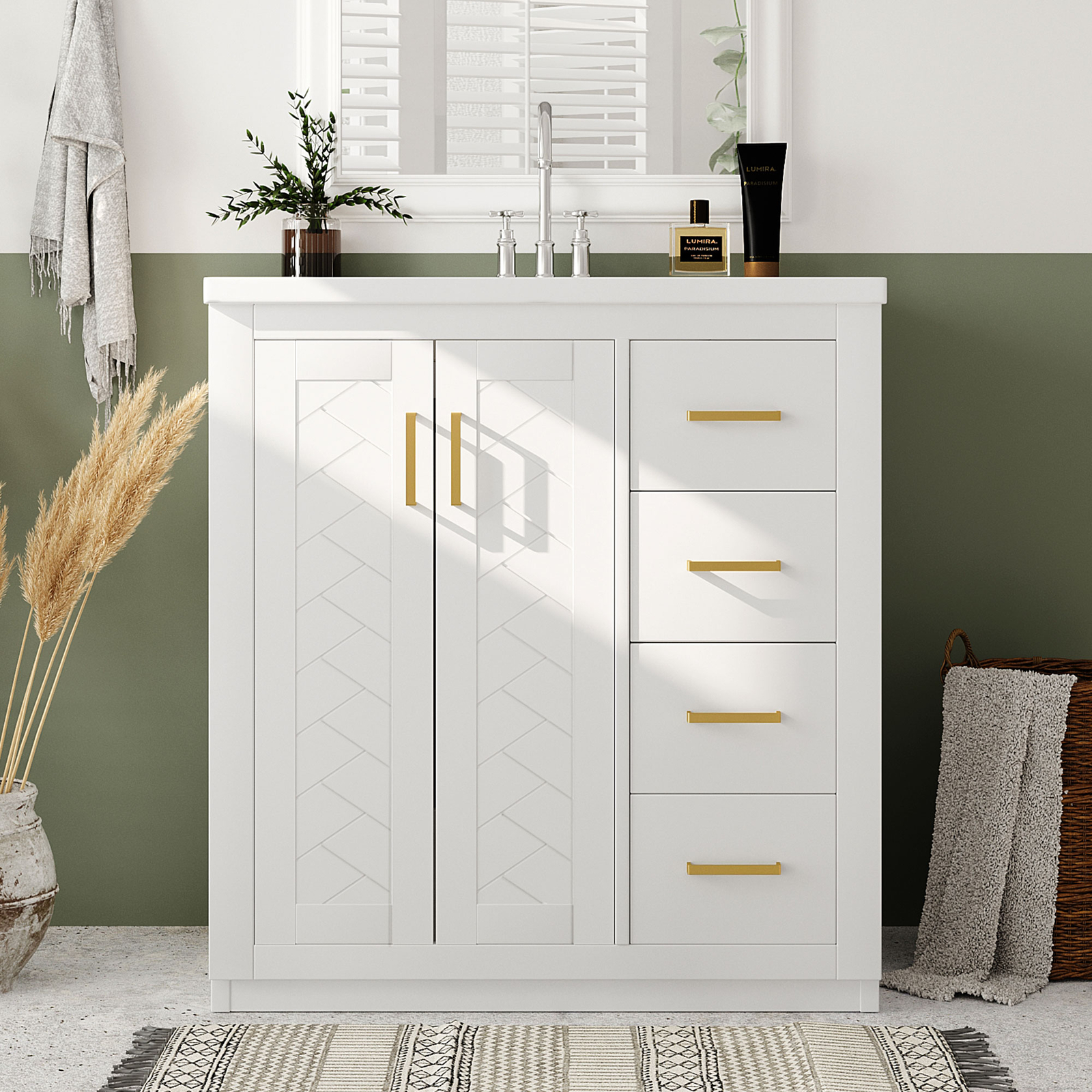 30” Freestanding Bathroom Vanity with Ceramic Sink 2 Doors and 3 Drawers White