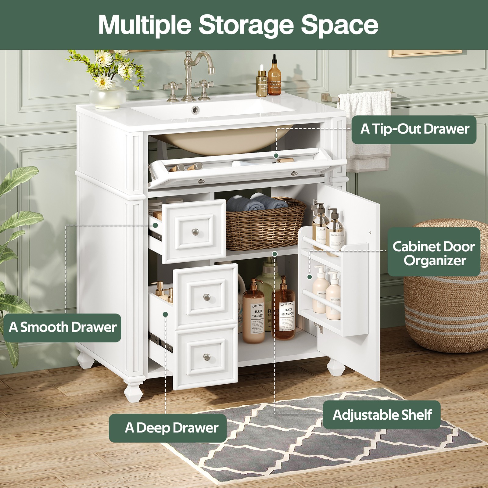 30 Inch Bathroom Vanity w/Ceramic Sink Basin, Storage Cabinet w/Soft Close Door