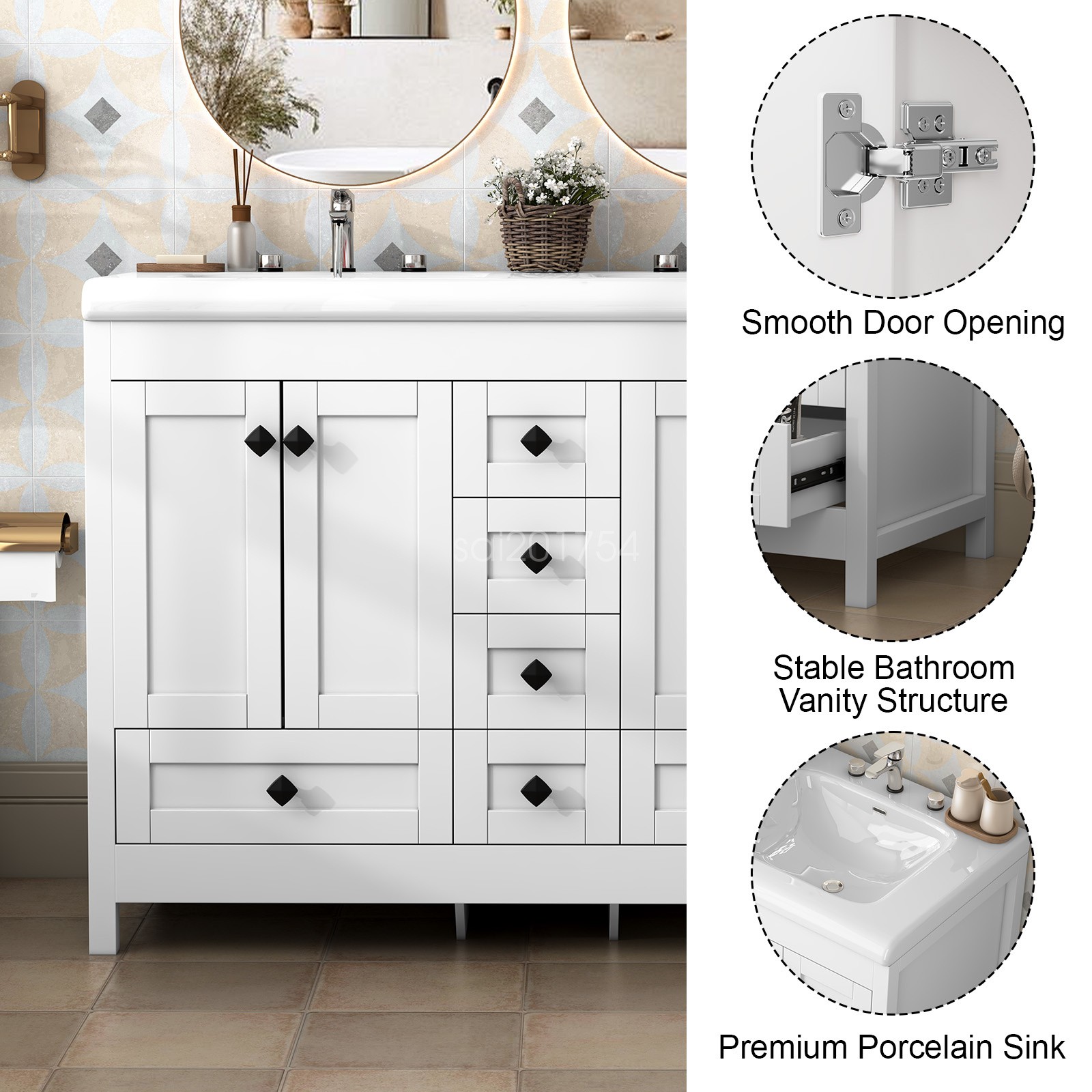 47.3″ Bathroom Vanity Freestanding Double-Basin Ceramic Sink Cabinet Washbasin