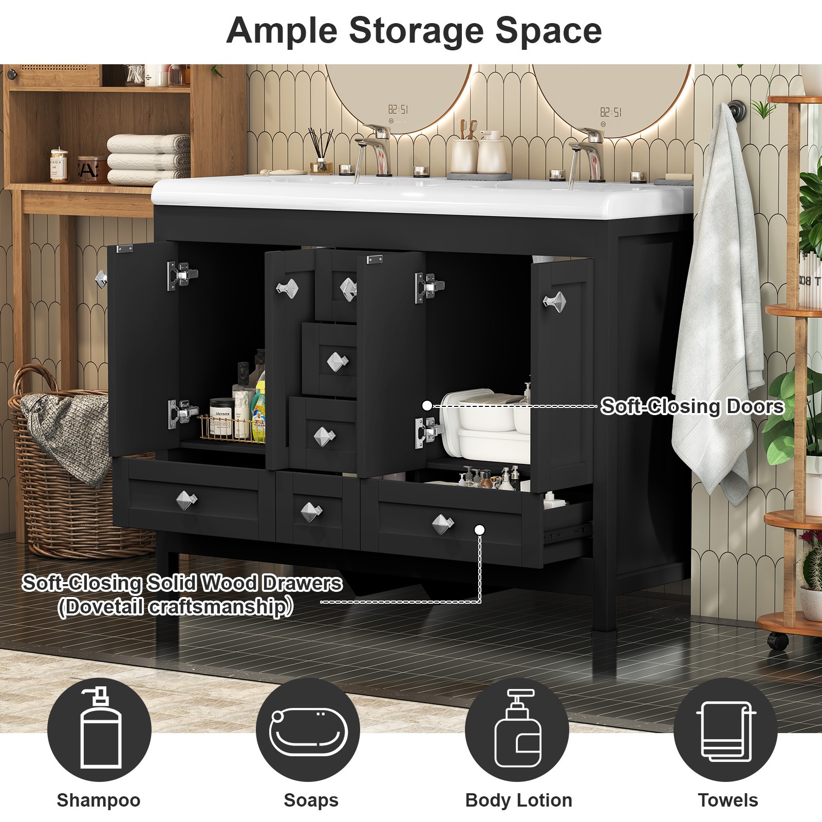 47” Double Bathroom Vanity Cabinet Ceramic Sink + Cabinet + 5 Drawers Black