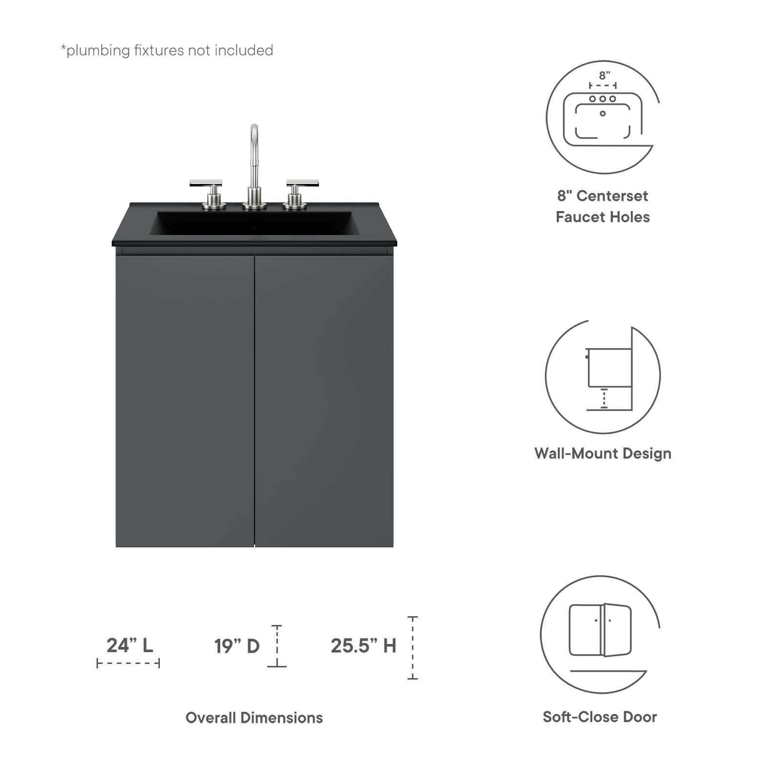 Modway Bryn 24″ Wall-Mount Bathroom Vanity in Gray Black