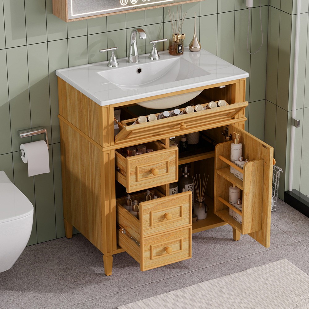 30″ Bathroom Vanity w/Ceramic Sink, Freestanding Bath Vanity Cabinet, 3 Drawers