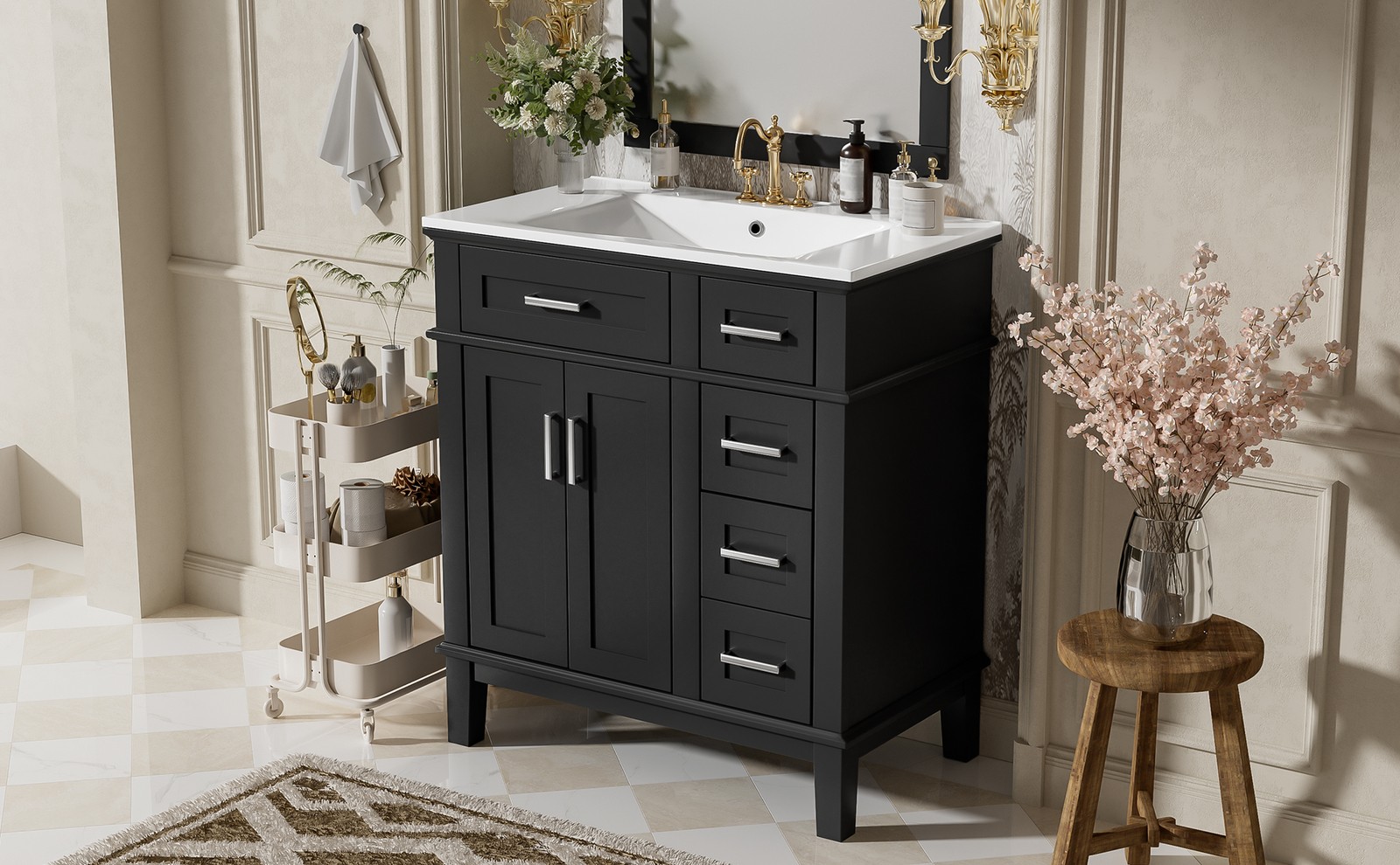 30″ Bathroom Vanity with Ceramic Sink, Soft-Close Doors & Drawers