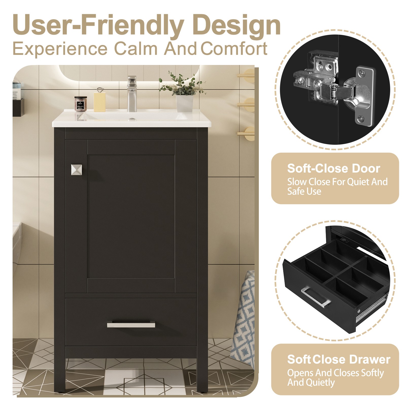 Modern Bathroom Vanity w/Ceramic Sink,Storage Cabinet w/Soft-Close Drawer & Door