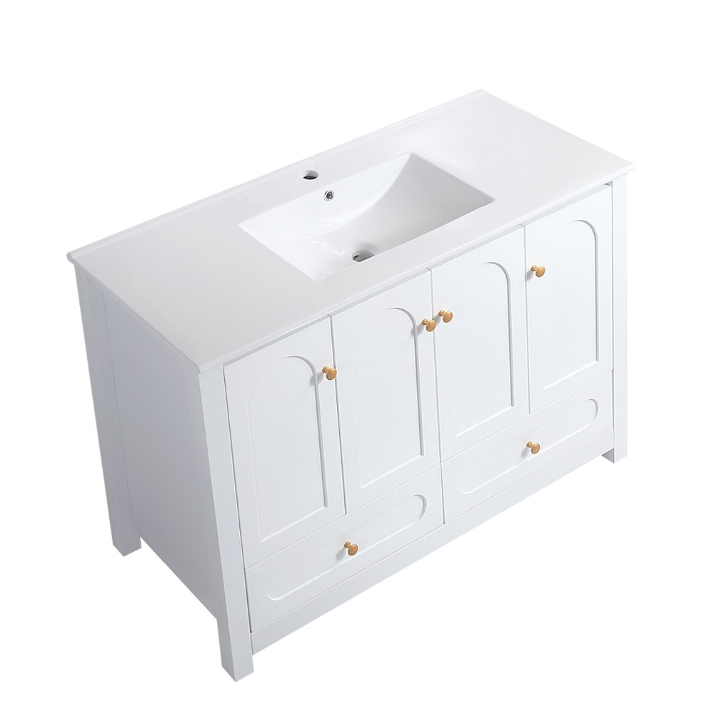 48 Inch White Bathroom Vanity with Resin Sink, 4 Doors 2 Drawers