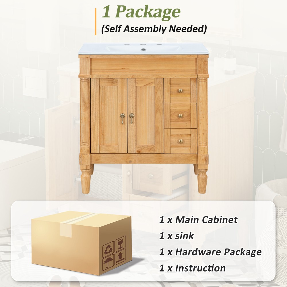 30-Inch Modern Bathroom Vanity, Solid Wood Frame + MDF, 2 Doors 3 Drawers