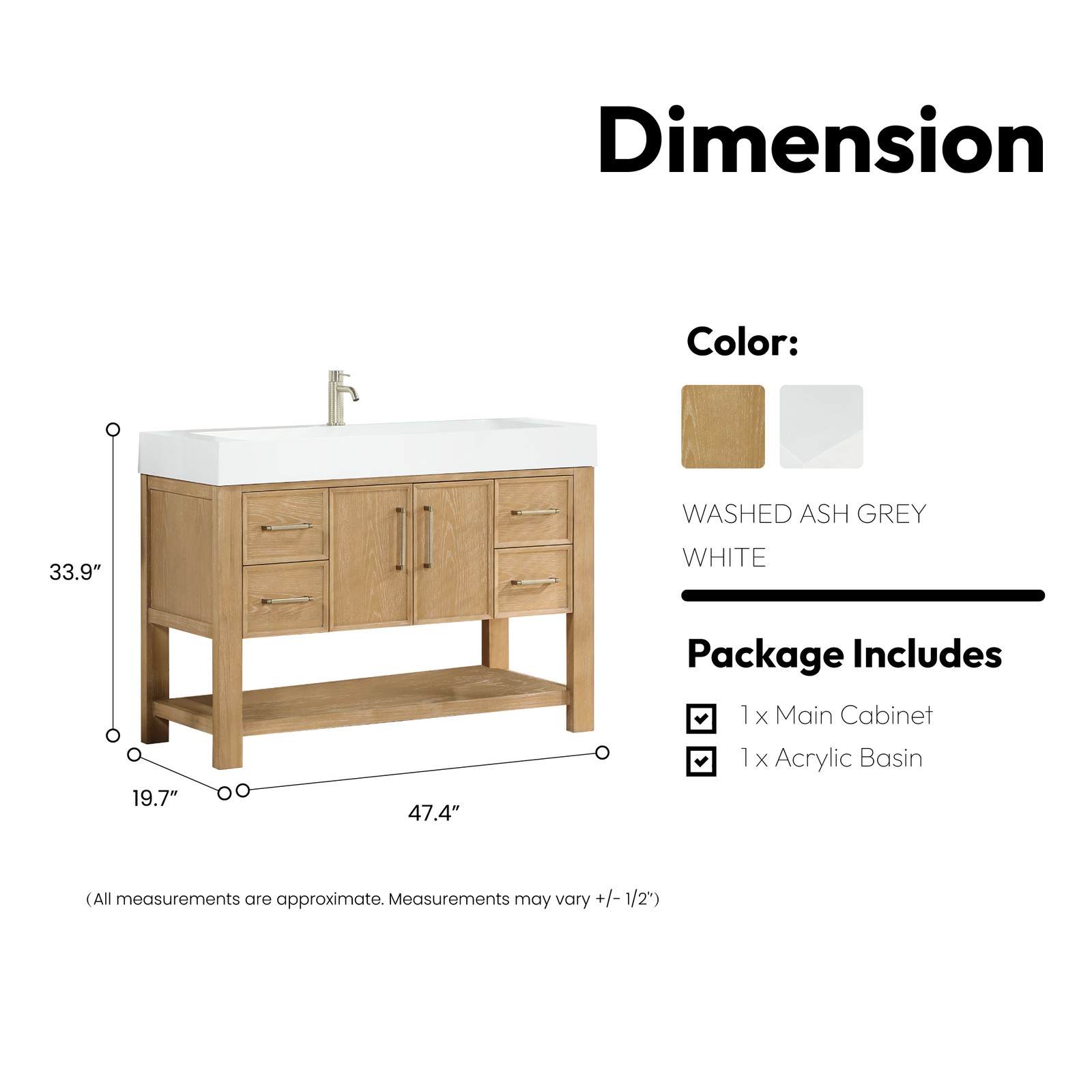 Vera 48″ Single Bath Vanity in Washed Ash Grey with White Integrated Stone Sink