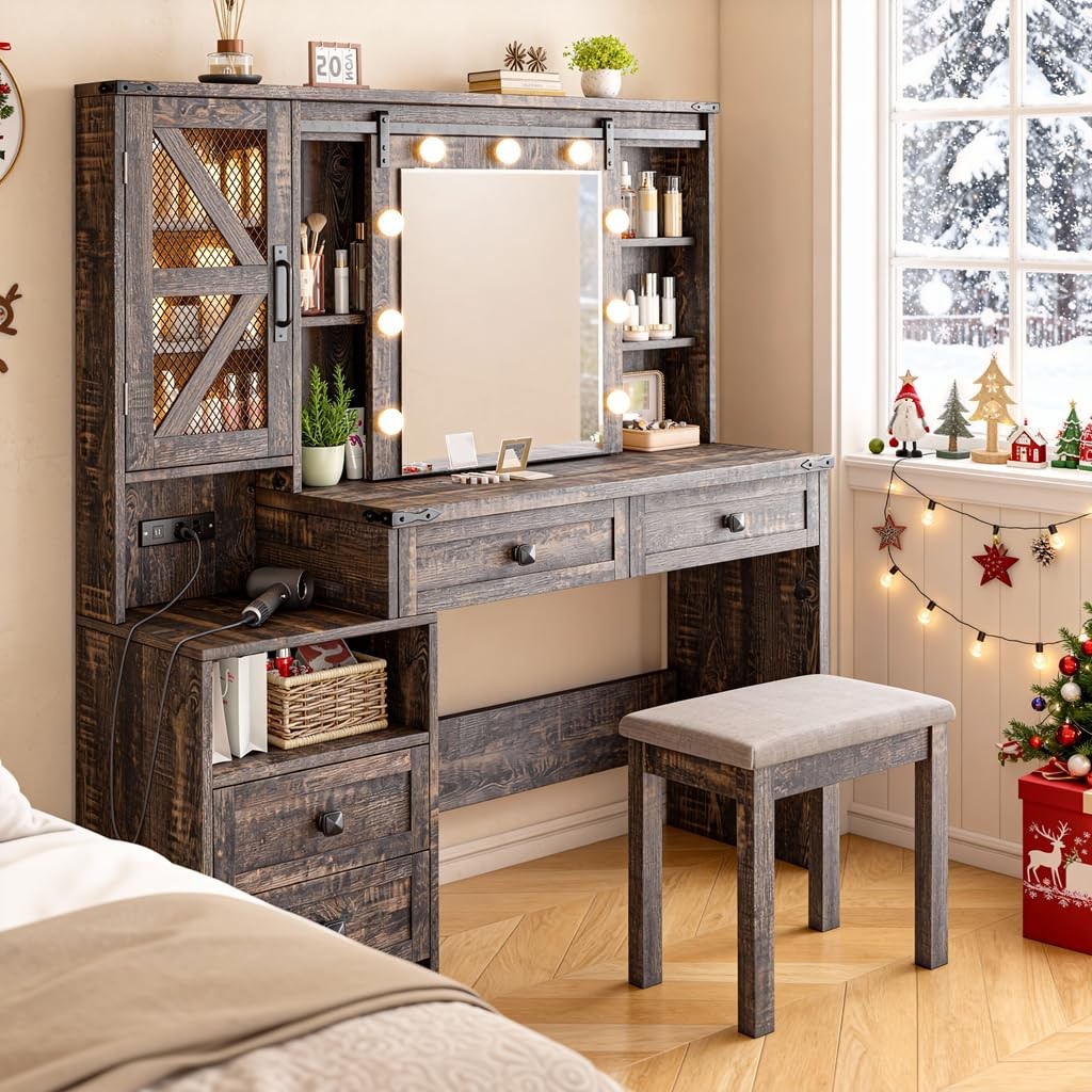 48W Vanity Sliding Mirror Lights 4-Drawer 2-Cabinet 3-Color Lighting Rustic Oak