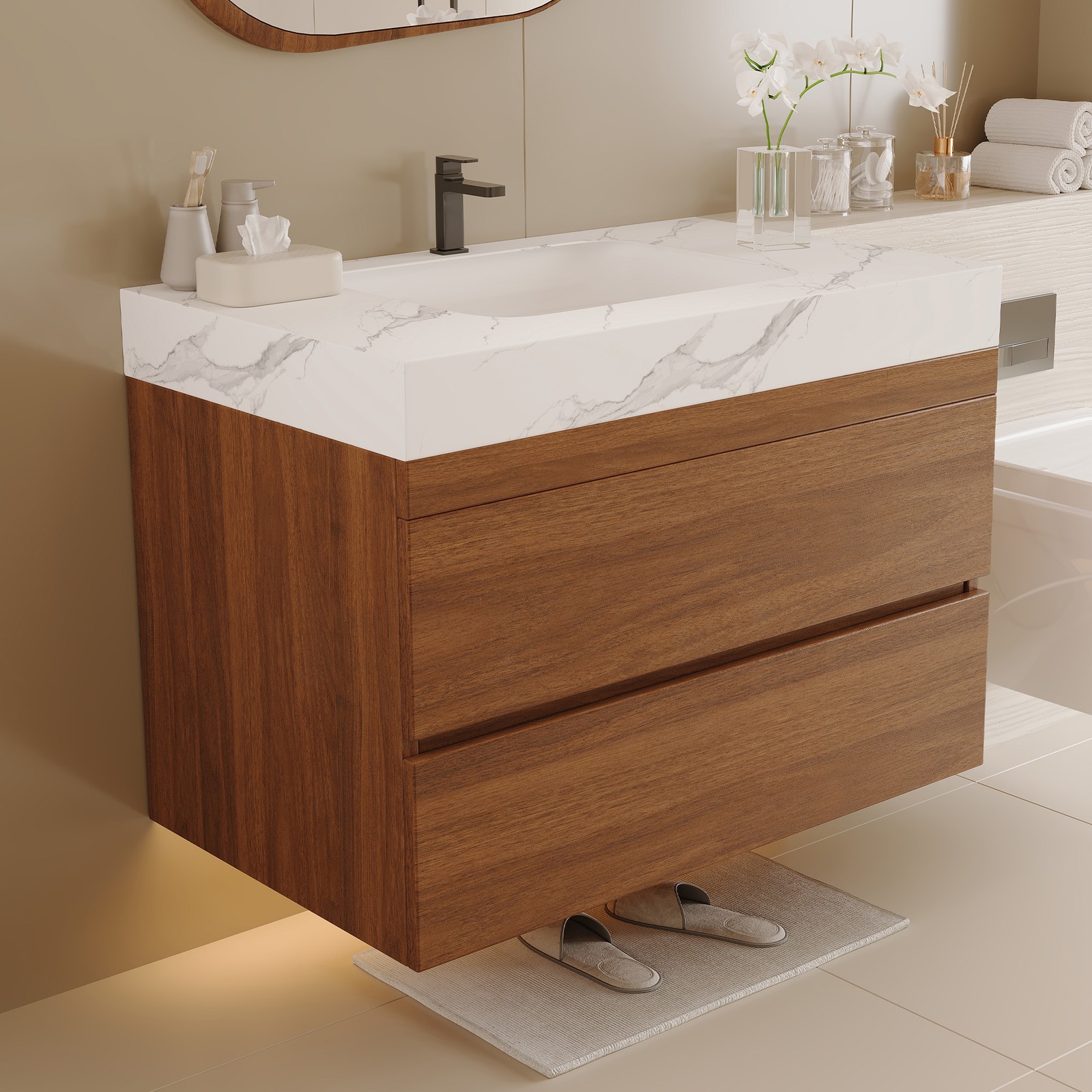 Floating Bathroom Vanity with Faux Marble Top and Ceramic Undermount Sink 29.9″
