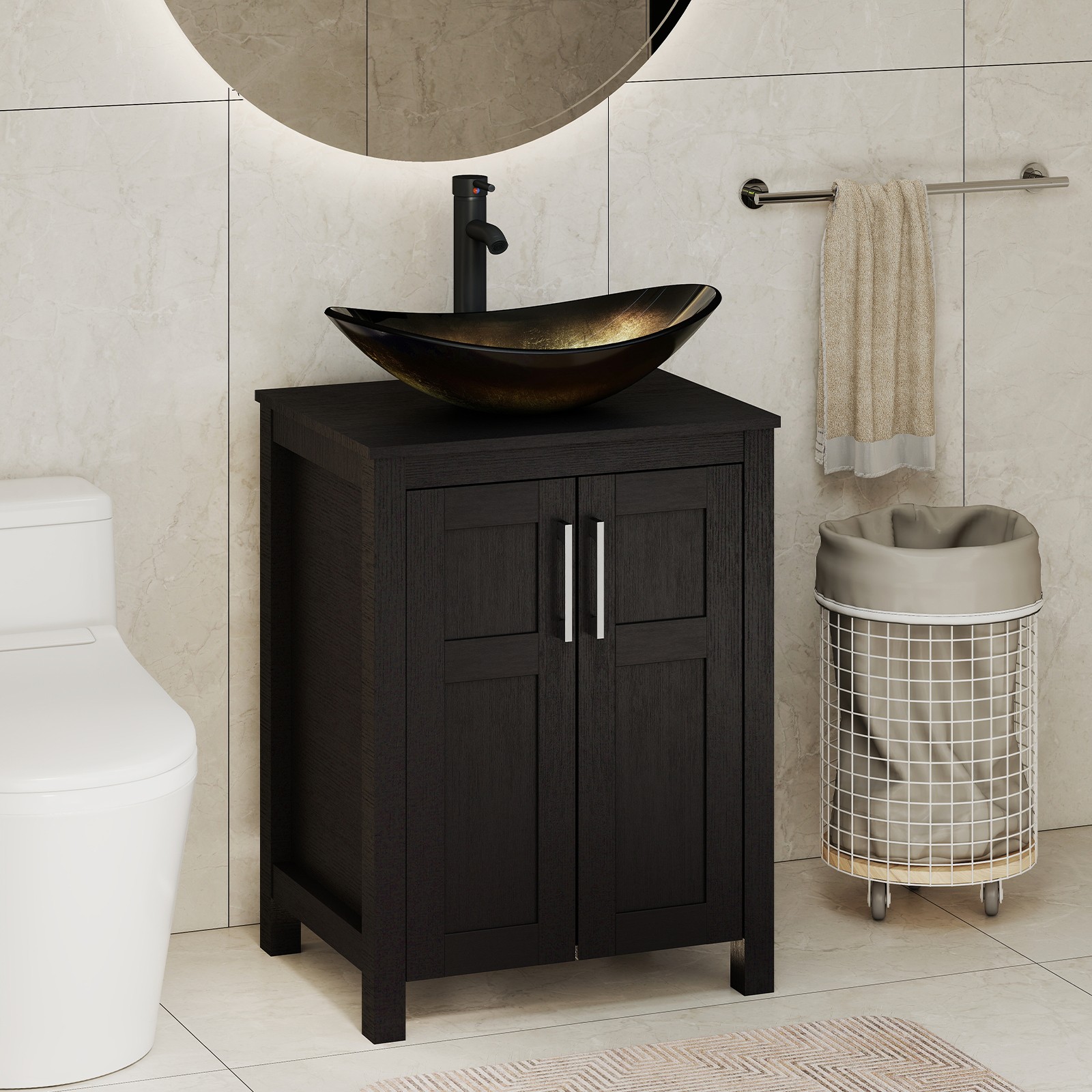 24″ Freestanding Bathroom Vanity Black Cabinet Vessel Sink Faucet Pop Up Drain