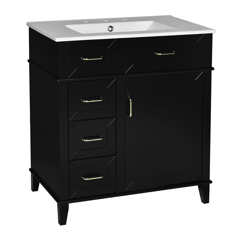 30″ Black Bathroom Vanity with Ceramic Sink,Adjustable Shelf & 3 Storage Drawer
