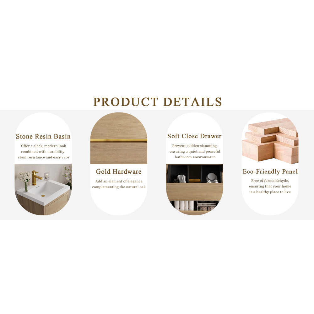 24″ Floating Bathroom Vanity with Sink, Soft Close Drawers, Natural Oak