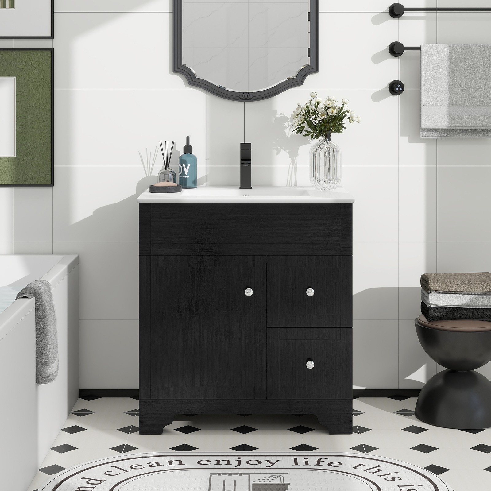 30″Freestanding Bathroom Vanity with Ceramic Sink,Storage Cabinet & Pop-Up Drain