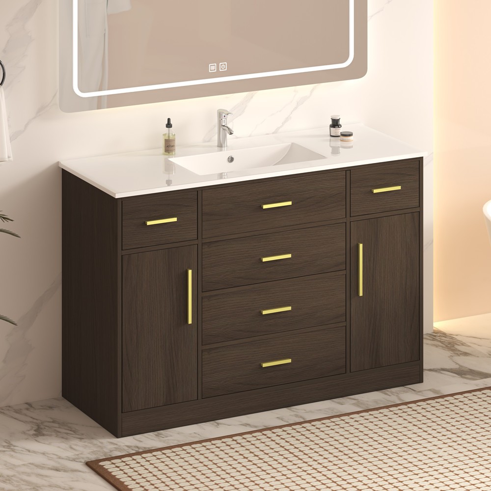 48″ Bathroom Vanity w/Sink,Freestanding Vanity Storage Cabinet,5 Drawers,2 Doors