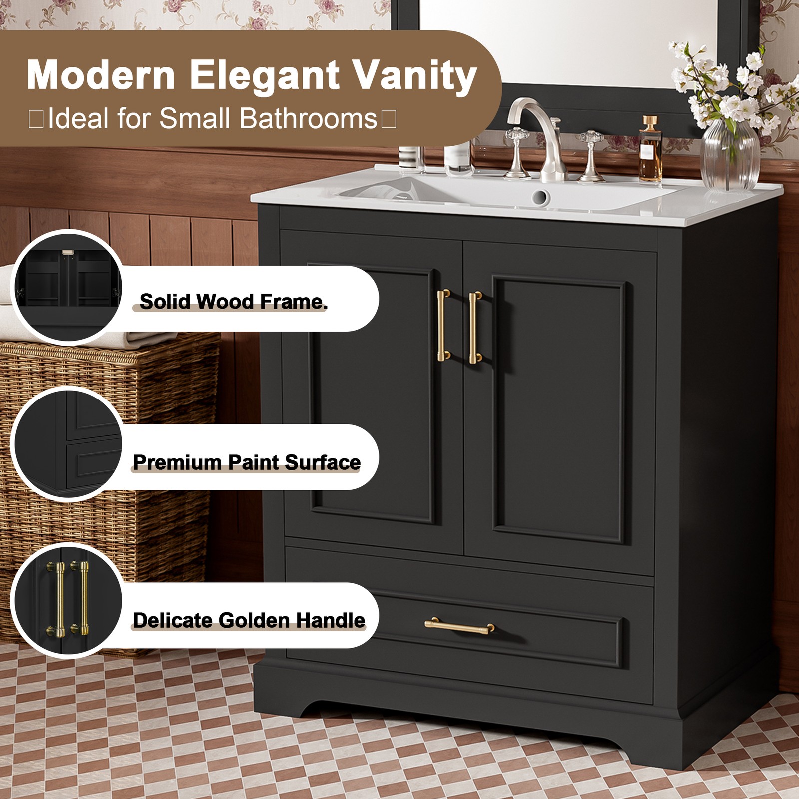 30″ Bathroom Vanity w/ Sink, Black, Soft-Close Doors & Drawer, Solid Wood+MDF