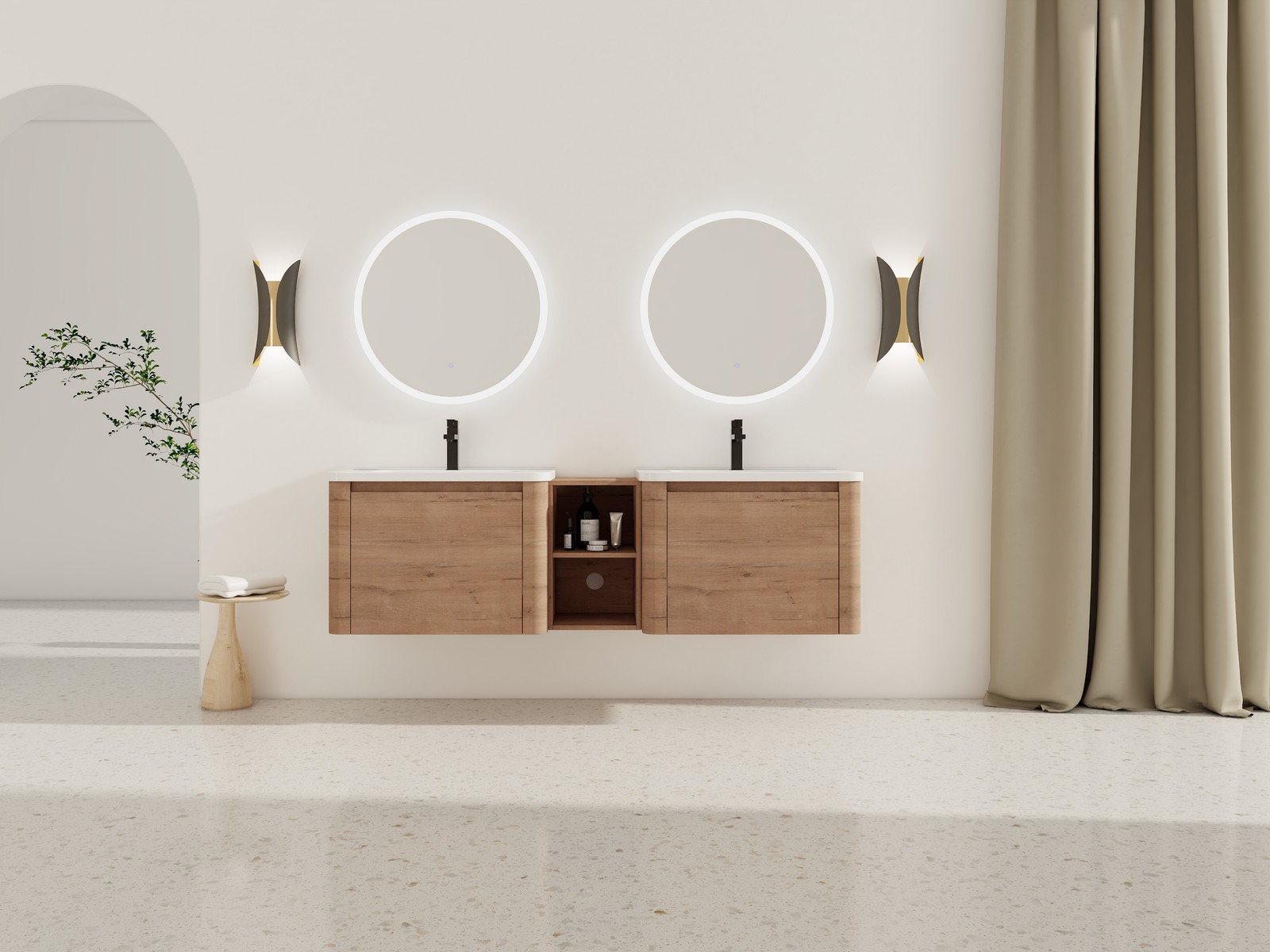 68″ Wall-Mount Bathroom Vanity w/White Ceramic Sink Door Plywood Storage Cabinet