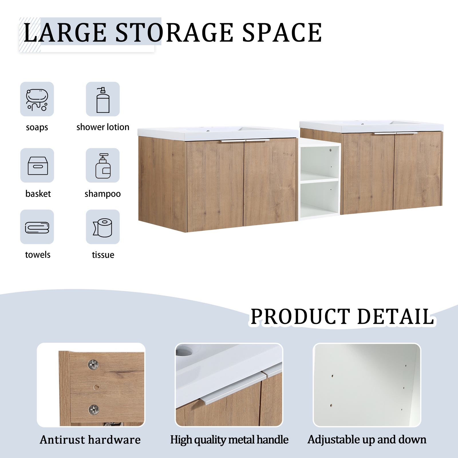72″ Plywood Floating Wall Mounted Bathroom Vanity Cabinet W/ Dual Sink Shelves