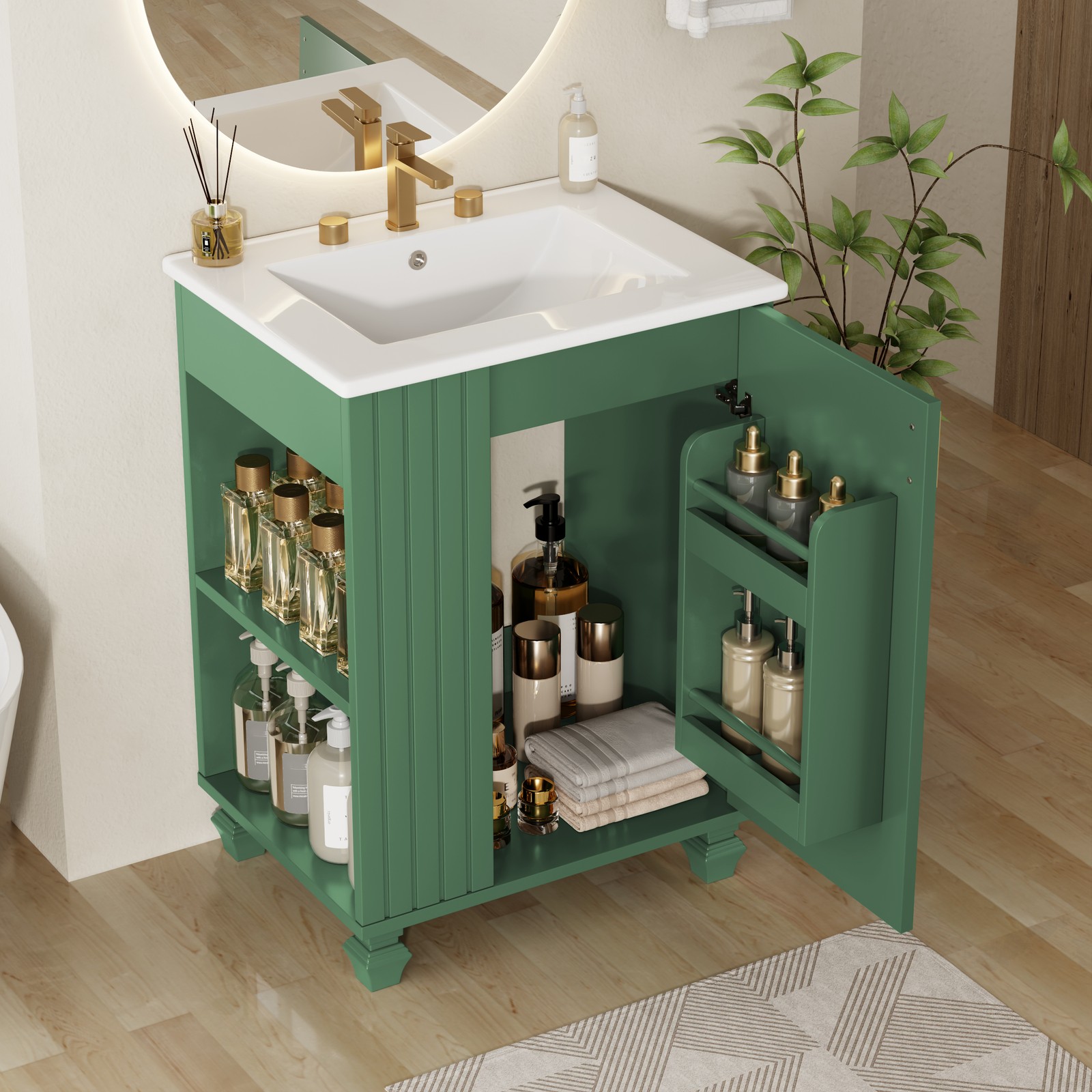 24″ Bathroom Vanity w/Sink，Freestanding Cabinet w/Door Shelf and Open Storage