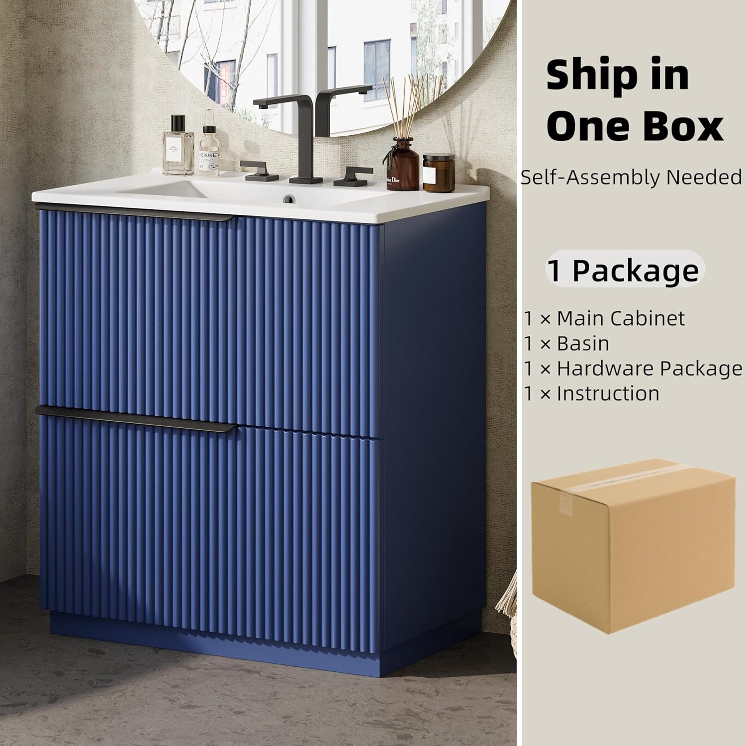 Sleek 30” Black Bathroom Vanity with Solid Wood & Full-Extension Drawers