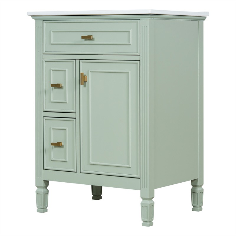 24-In Modern Bathroom Vanity with Ceramic Sink,Green Wood Cabinet with 3 Drawers