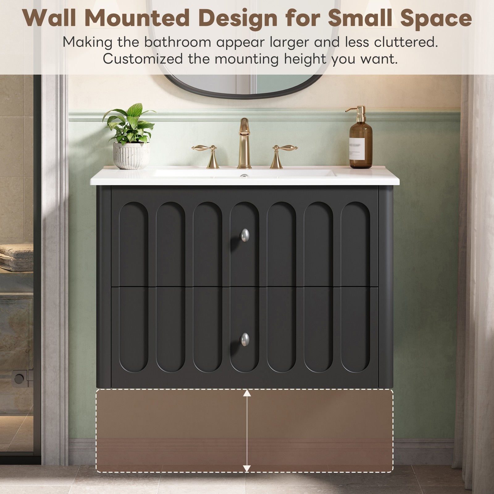 30″ Modern Bathroom Cabinet Floating Bathroom Vanity w/Oval Knobs & Round Edge