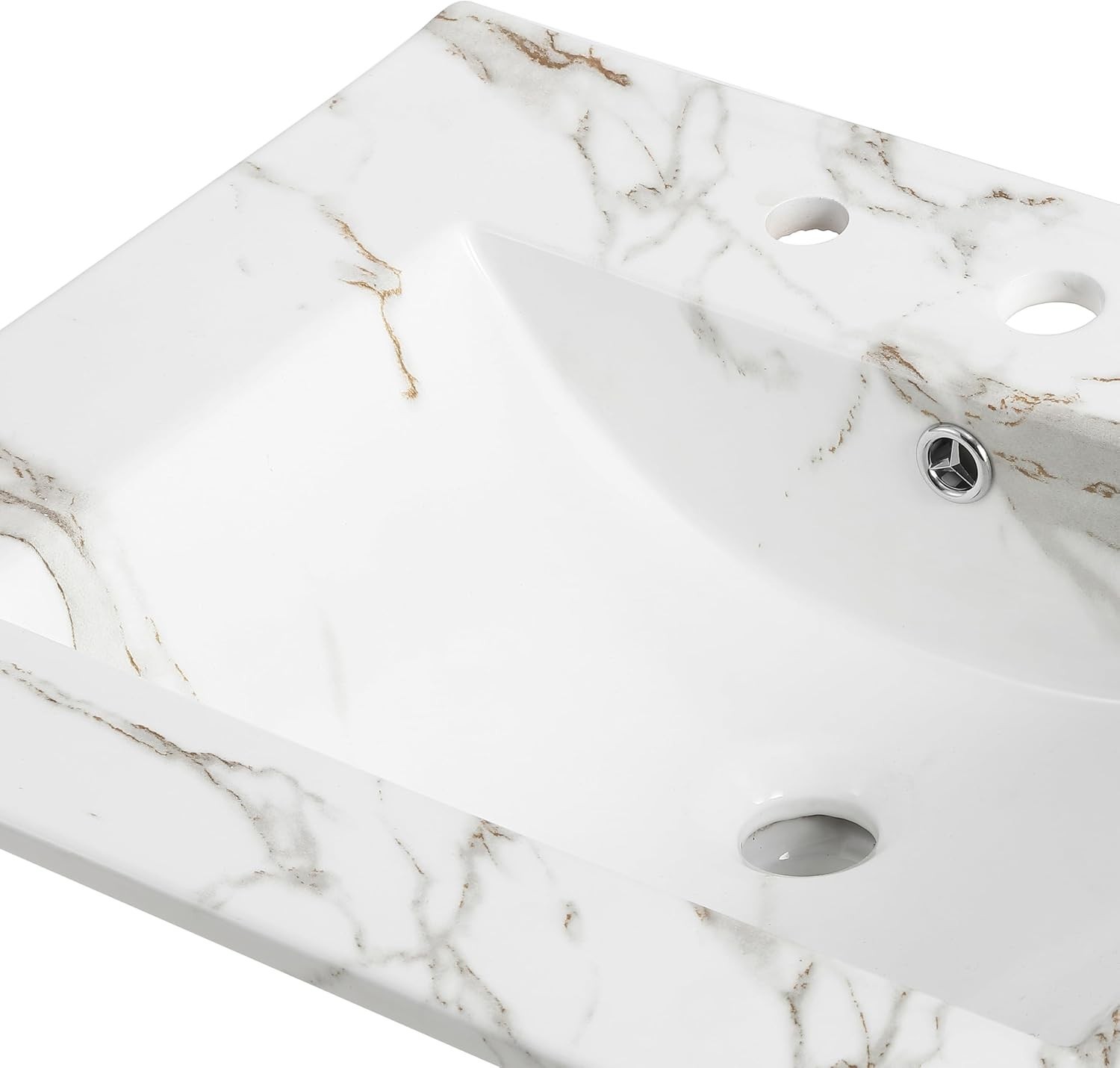 Elegant 24″ Ceramic Vanity Sink Top White Marble Effect Rectangular 3-Hole