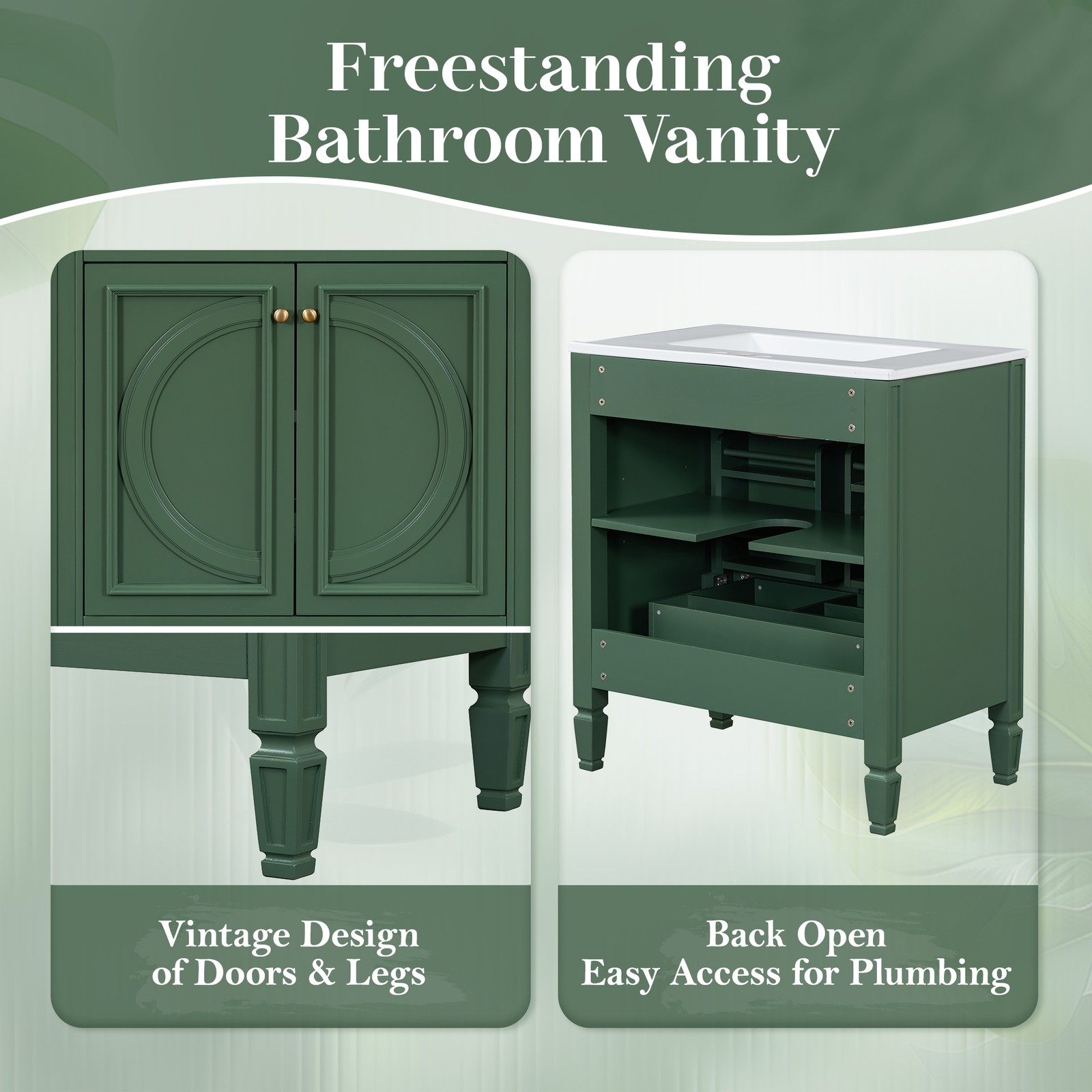 30″ Bathroom Vanity with Ceramic Sink, Two Doors & Drawer, Green