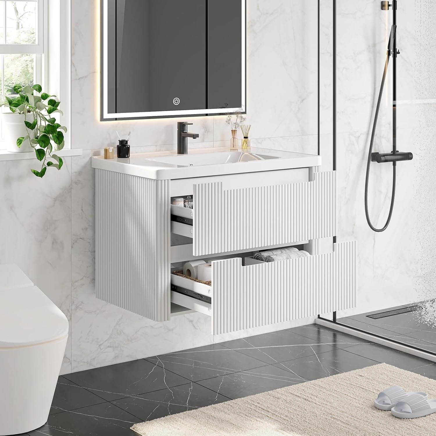 Modern Bathroom Vanity W/ Sink Combo Curved Floating Bath Vanity W/ 2 Drawers