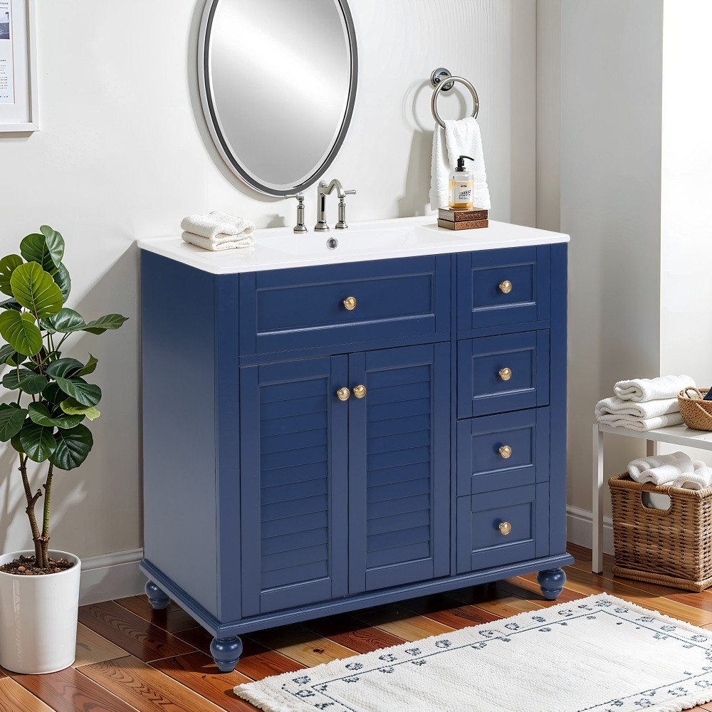 36″ Blue Bathroom Vanity with Ceramic Sink, Soft-Close Drawers, Solid Wood Frame