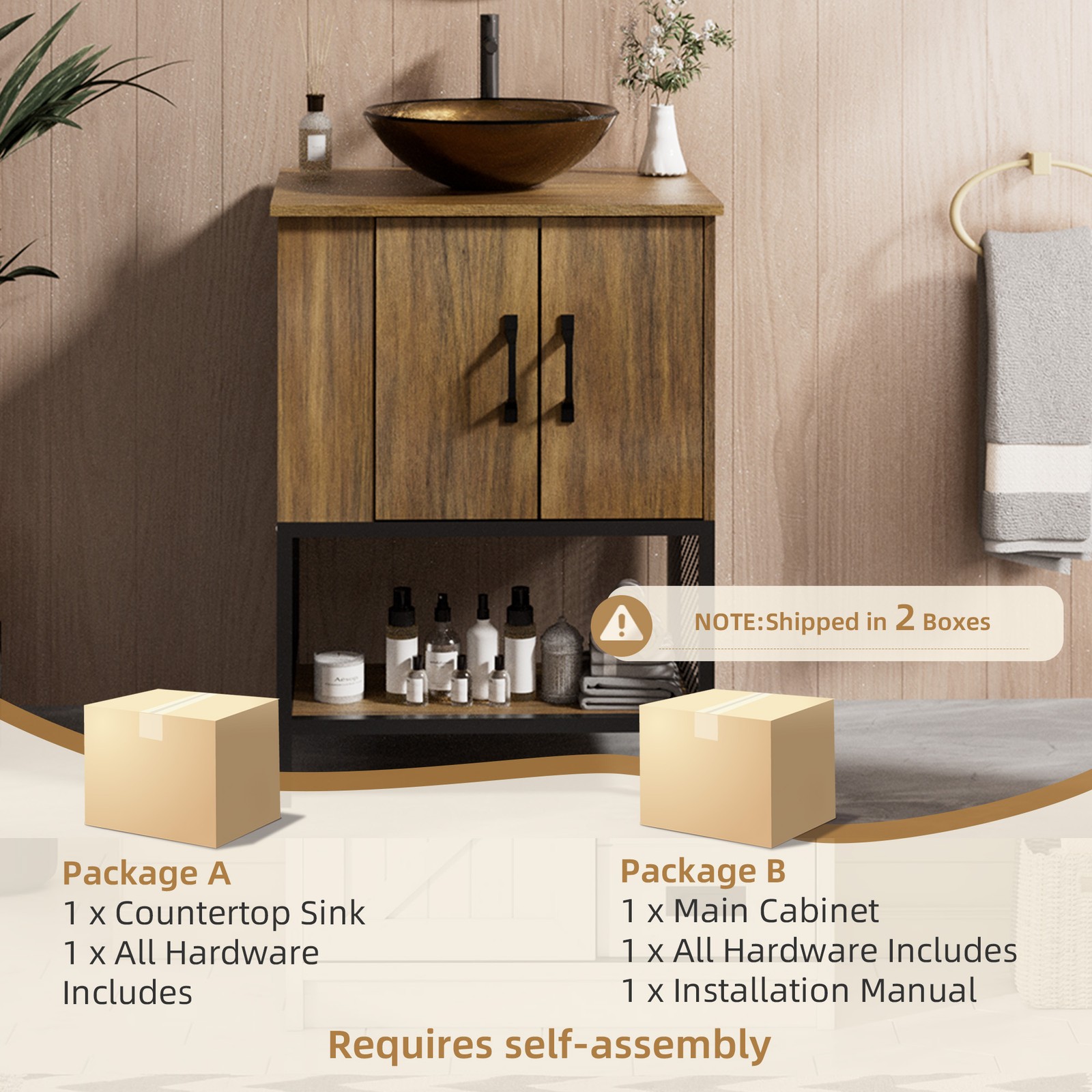 24″ Small Bathroom Vanity Combo Storage Cabinet FloorStanding Glass Vessel Oak