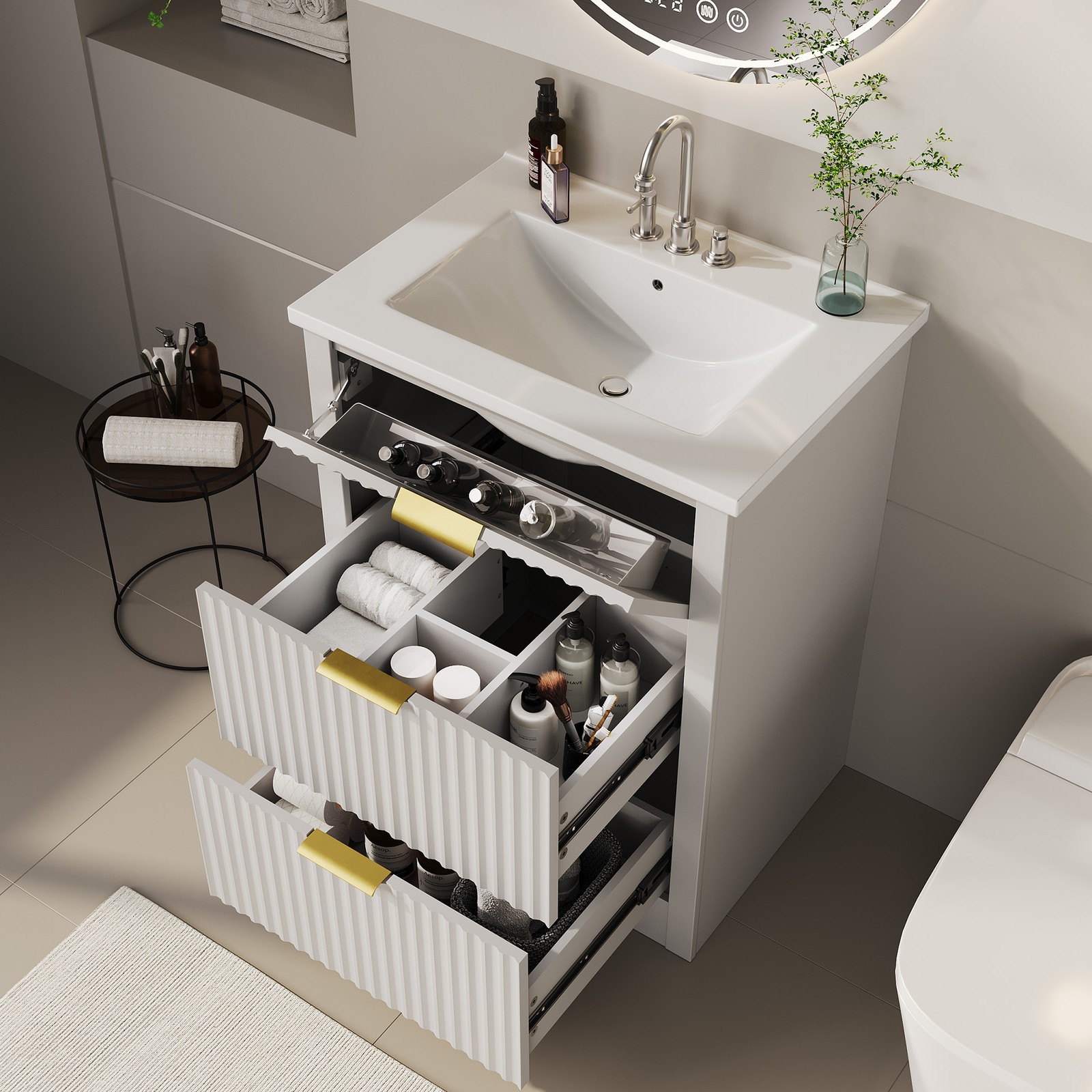 24” Fluted Bathroom Vanity w/Sink, Farmhouse Freestanding Bathroom Sink Cabinet