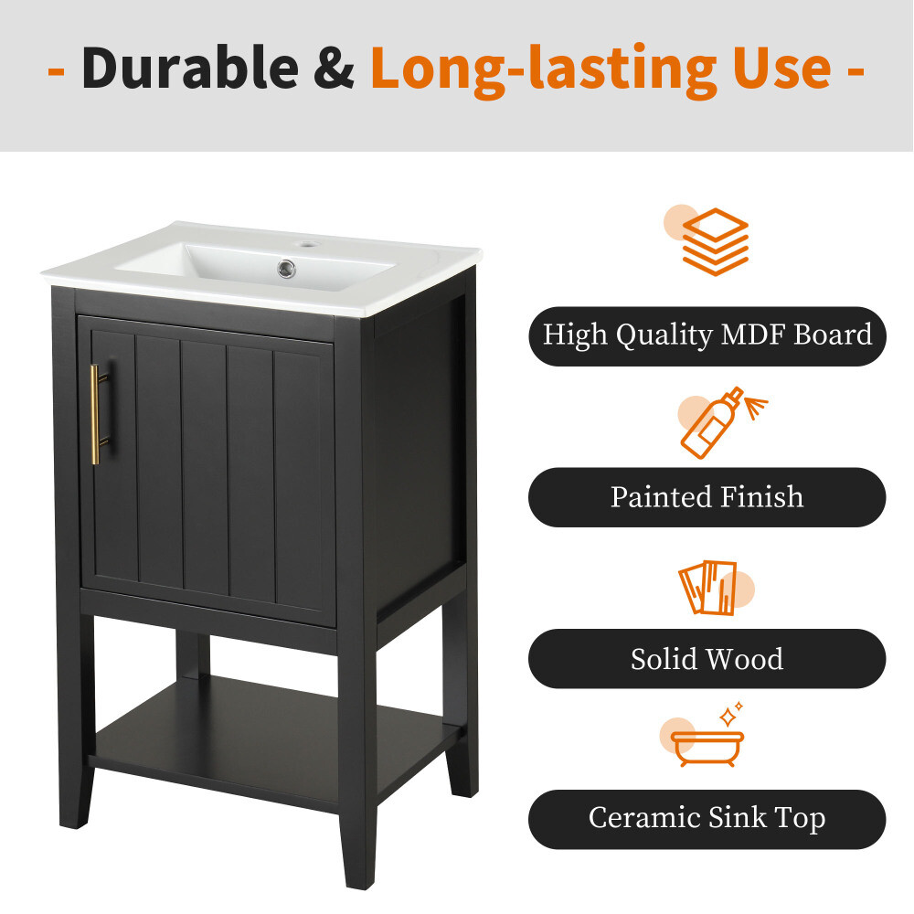 20″ Bathroom Vanity with Sink, Bathroom Cabinet with Storage Rack and Open Shelf