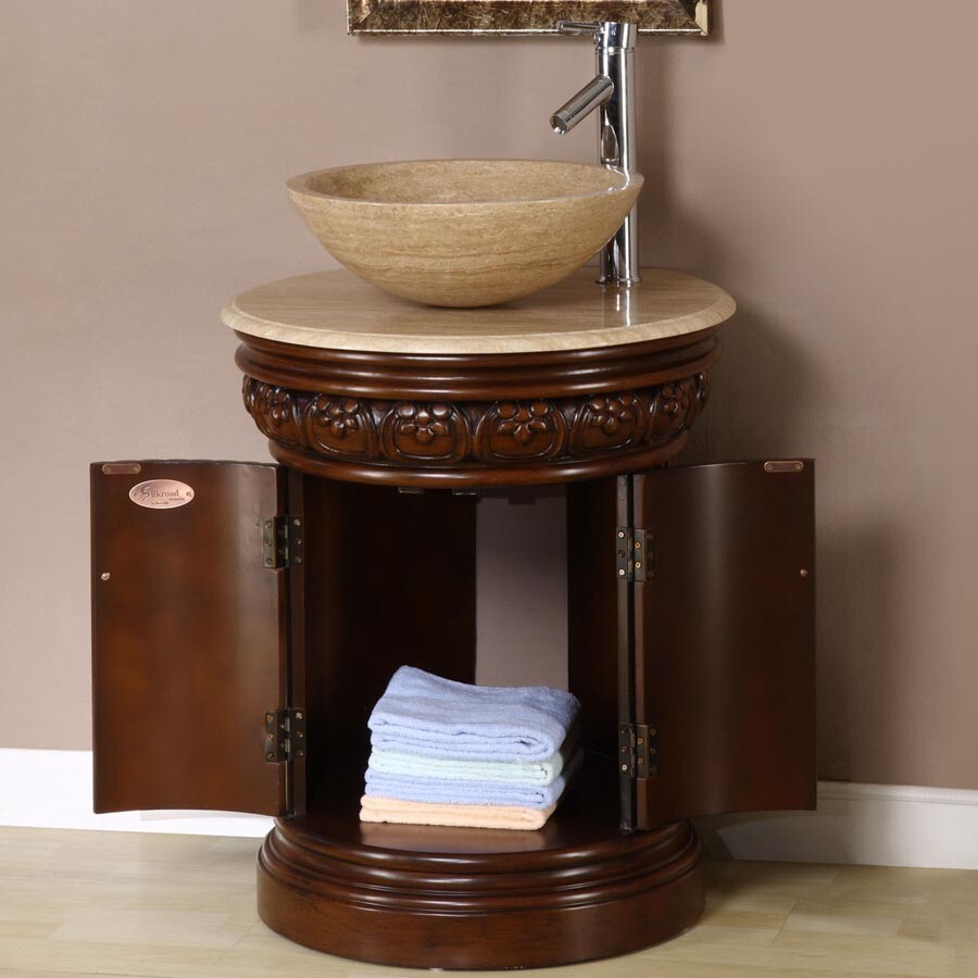 24″ Silkroad Exclusive HYP-0160-T-24 Chestnut Vessel Sink Travertine Top Vanity