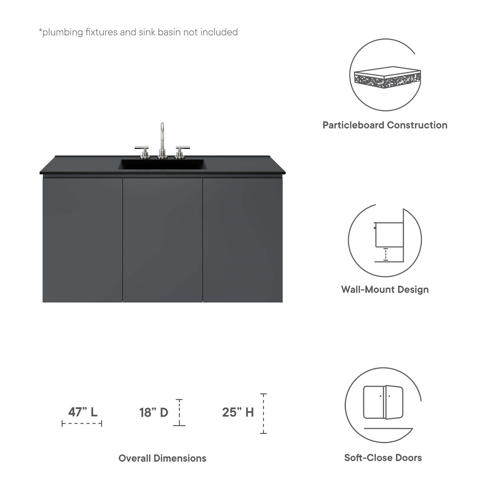 Modway Vitality 48″ Wall-Mount Bathroom Vanity in Gray