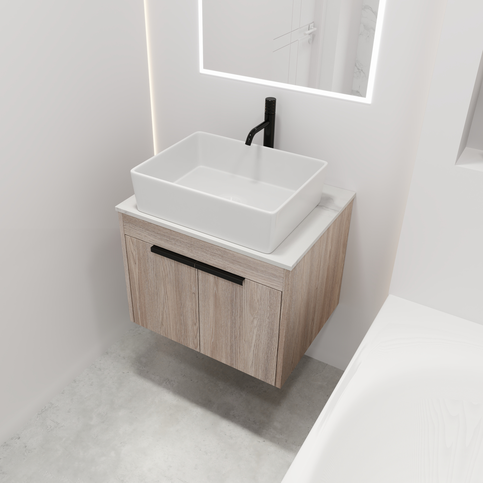 24In Modern Wood Floating Wall Mounted Bathroom Vanity Set W/ Ceramic Sink Top