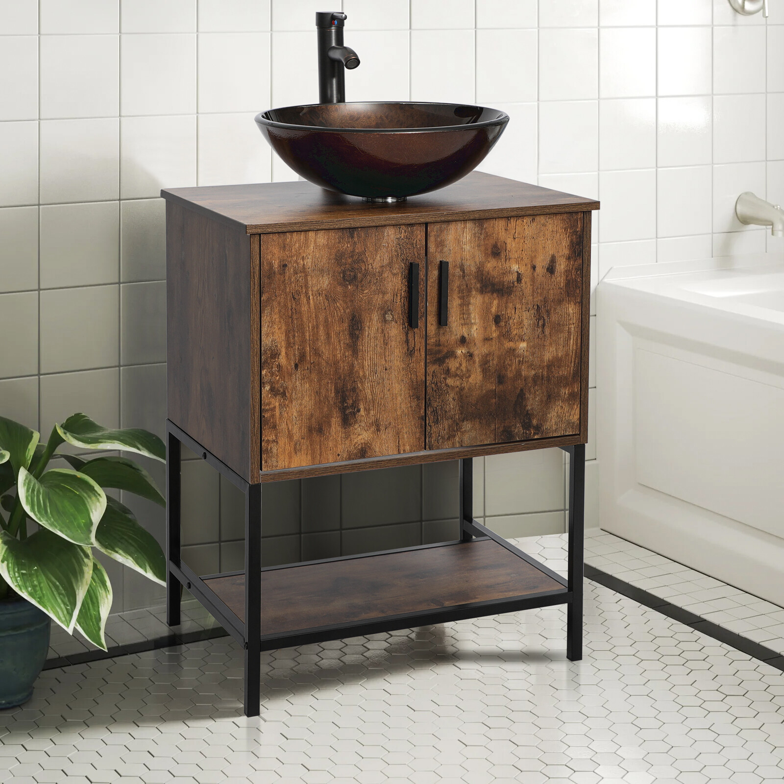24″ Bathroom Vanity Sink Combo Brown Cabinet Vanity Tempered Glass/Ceramic Sink