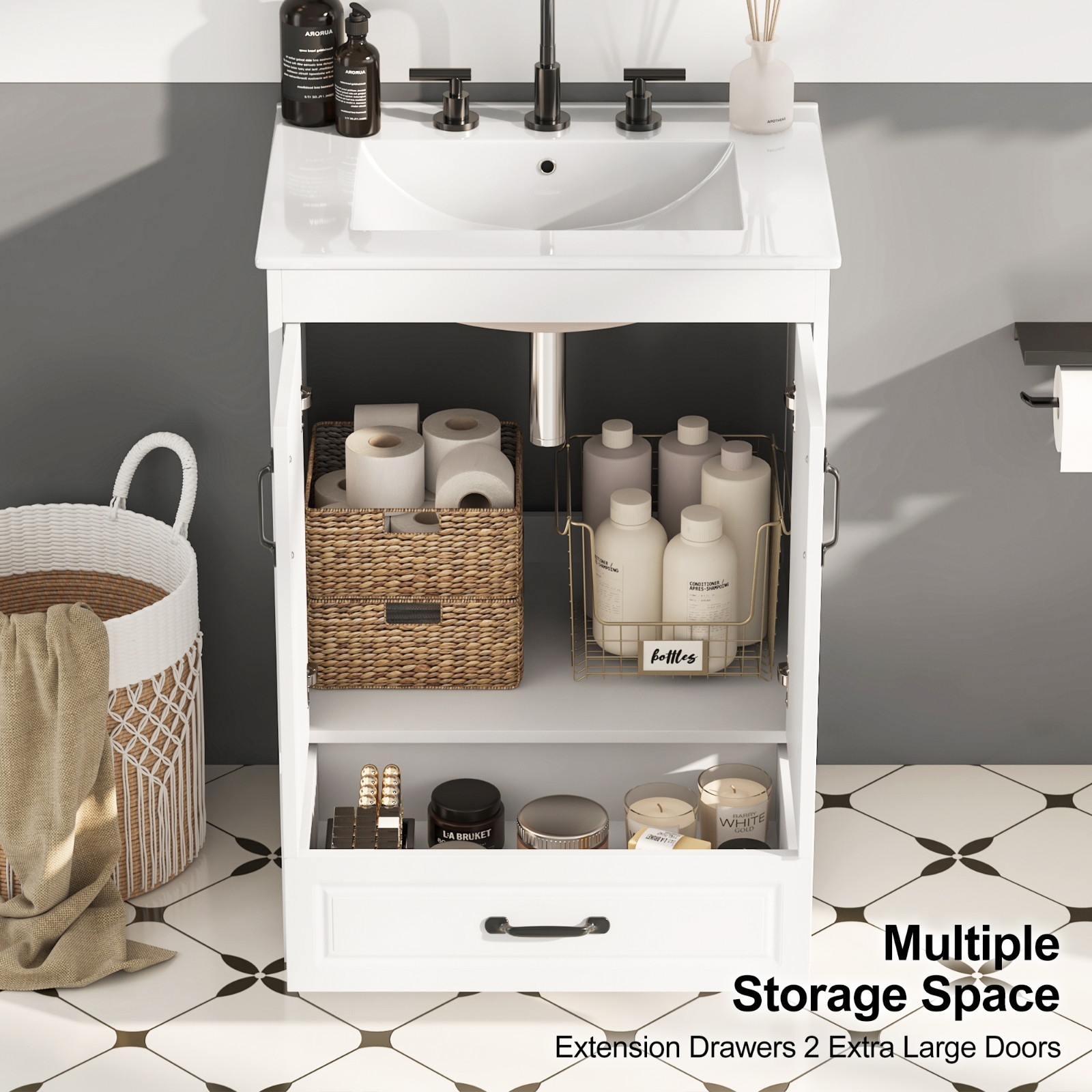 24″ Bathroom Vanity with Ceramic Sink Freestanding Storage Cabinet w/Drawer