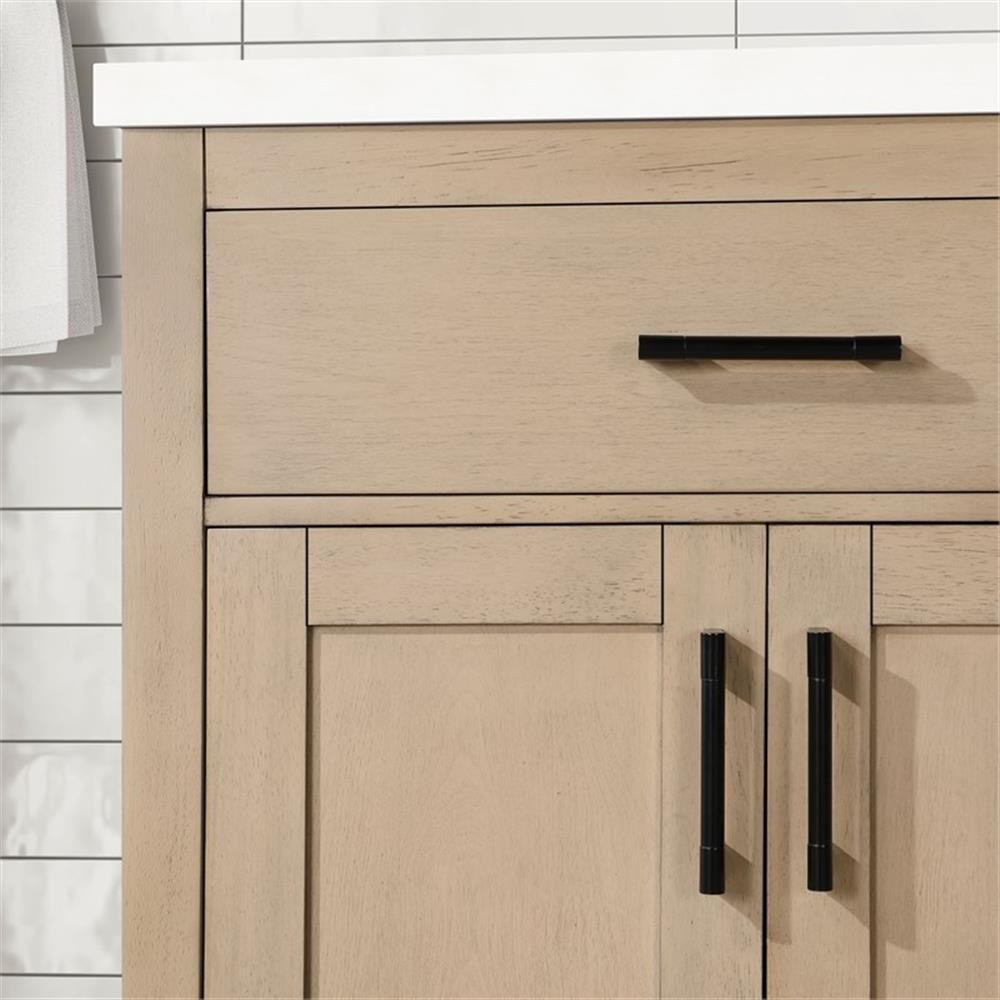 Pemberly Row 72″ Double Bathroom Vanity in Sahara Birch with White Countertop