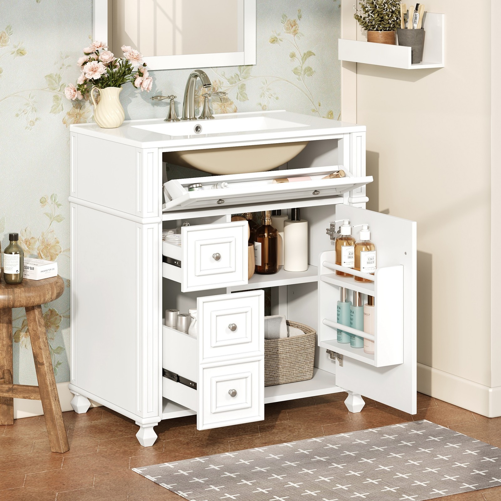 30 Inch Bathroom Vanity w/Ceramic Sink Basin, Storage Cabinet w/Soft Close Door