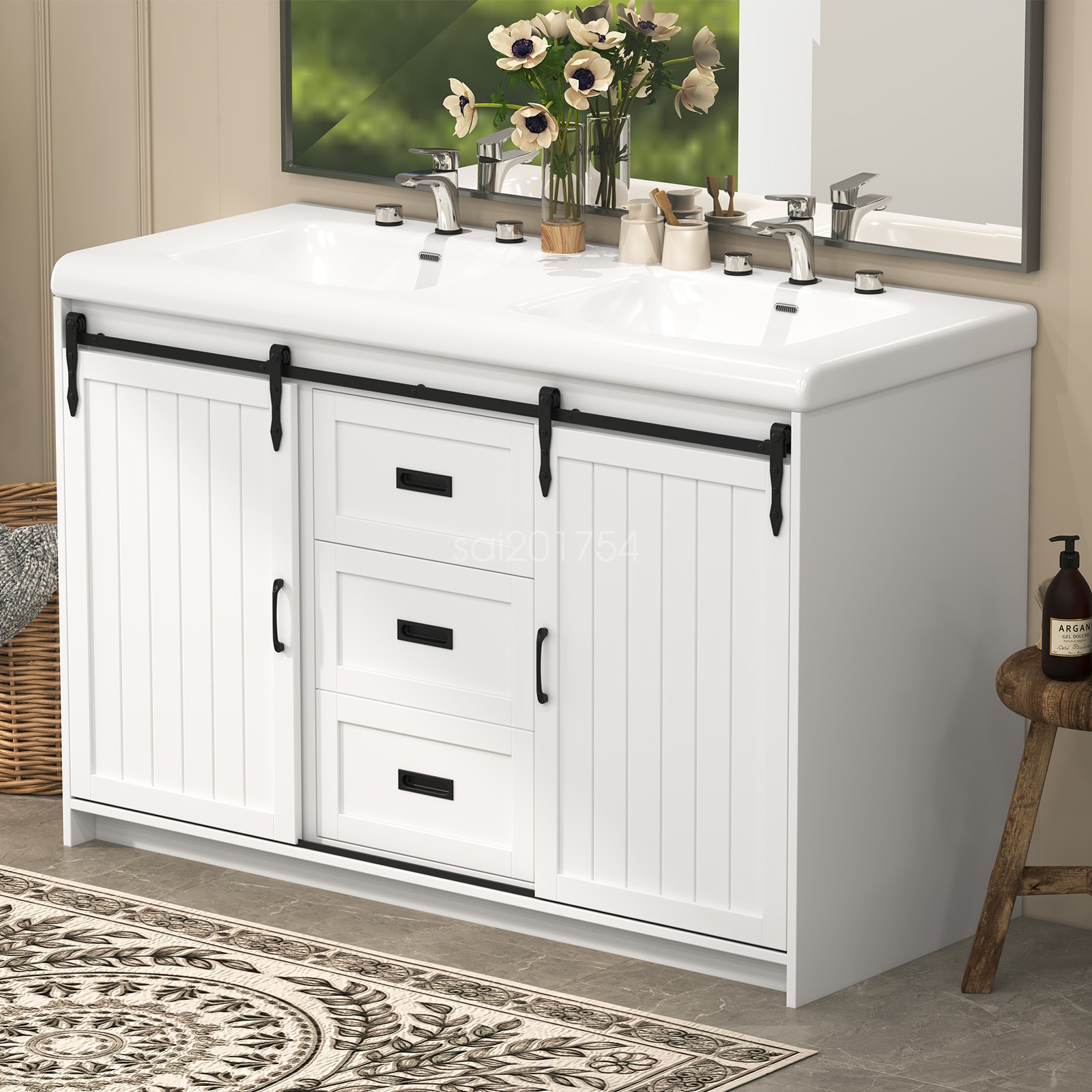 Bathroom Vanity Freestanding Ceramic Sink Cabinet With Doors and Drawers White