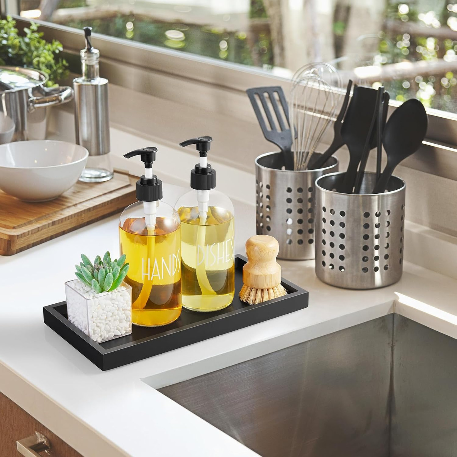 Bathroom Vanity Tray Black Wood Organizer for Countertop Makeup Perfume Jewelry