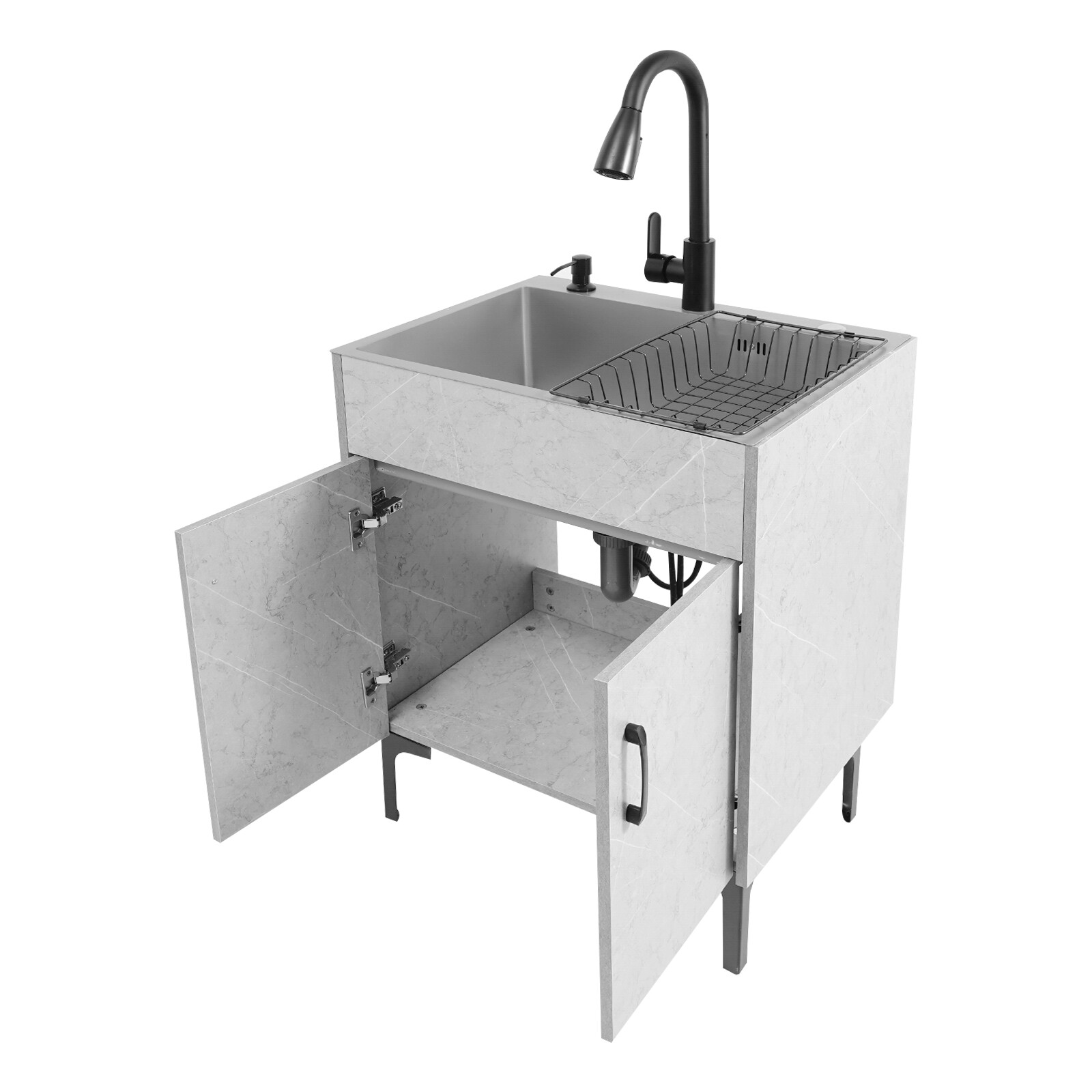 Grey Stainless Steel Sink & Freestanding Cabinet With Pull-Out Faucet