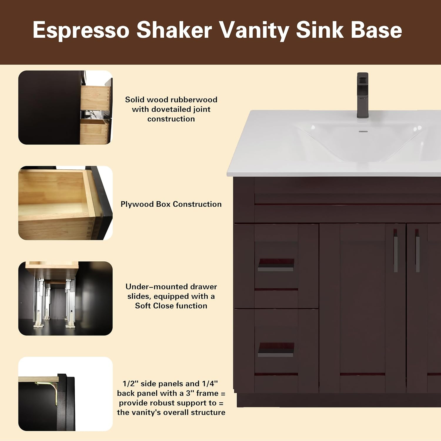 Espresso 36″ Shaker Bathroom Vanity Sink Base with Drawers – Ready to Assemble