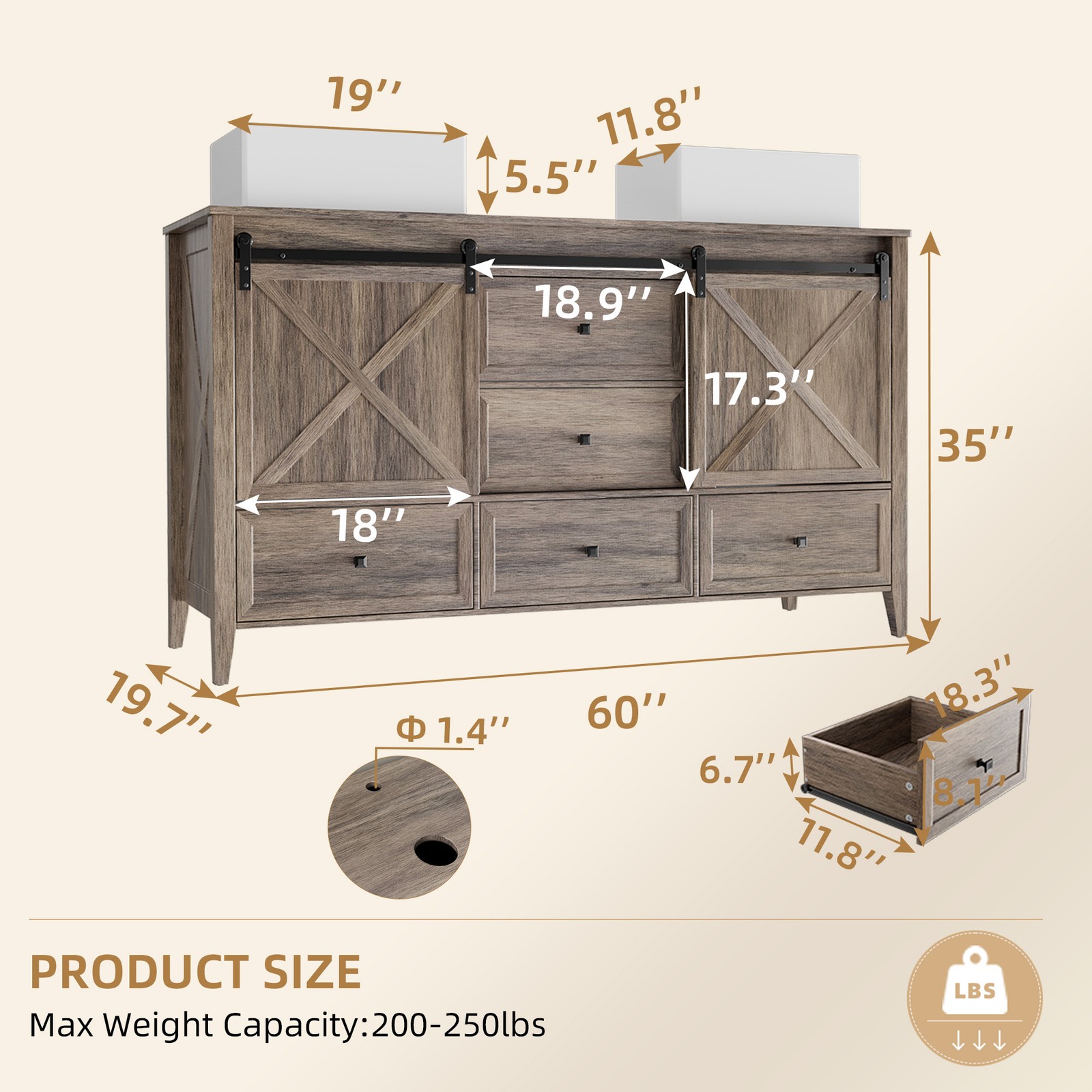 60″ Bathroom Vanity with Double Sink Combo Cabinet, Soft-Close Door & 5 Drawers
