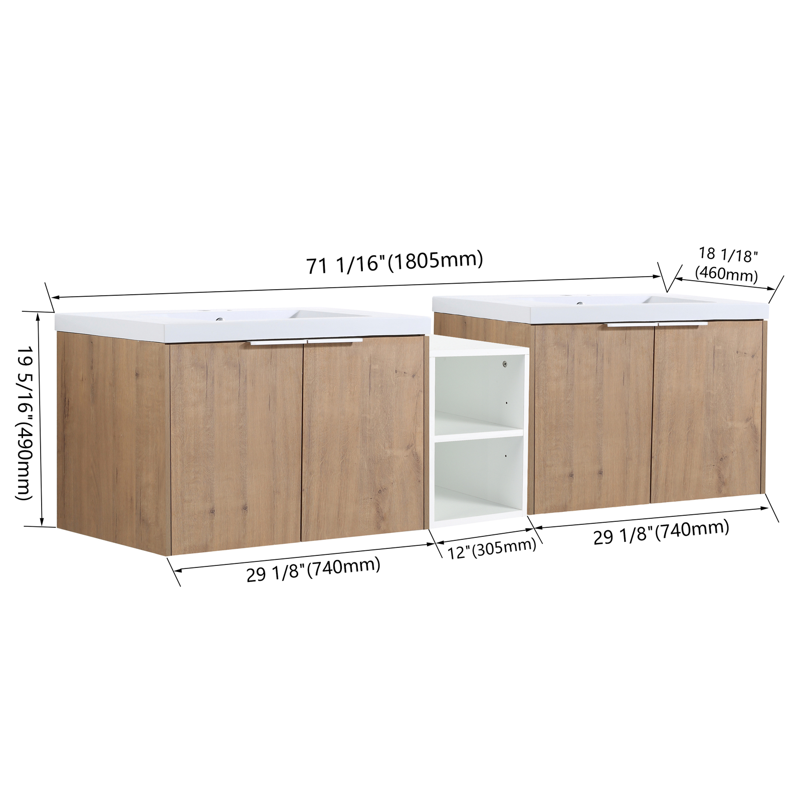 72″ Plywood Floating Wall Mounted Bathroom Vanity Cabinet W/ Dual Sink Shelves